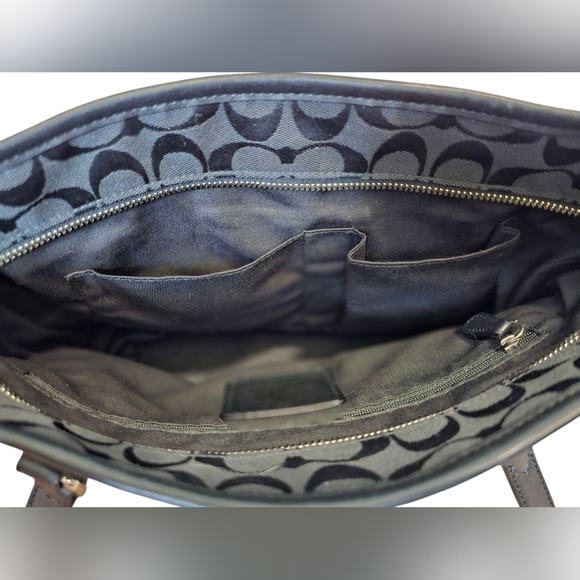 Coach Top Zip Black Signature Monogram Tote with Leather Trim, Horse & Carriage - Picture 6 of 14